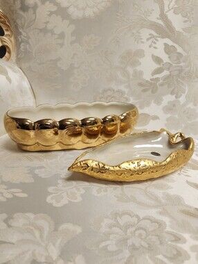 Vintage Mid Century Weeping Leaf Candy Dish & Sweyte Pottery Planter 22k Gold